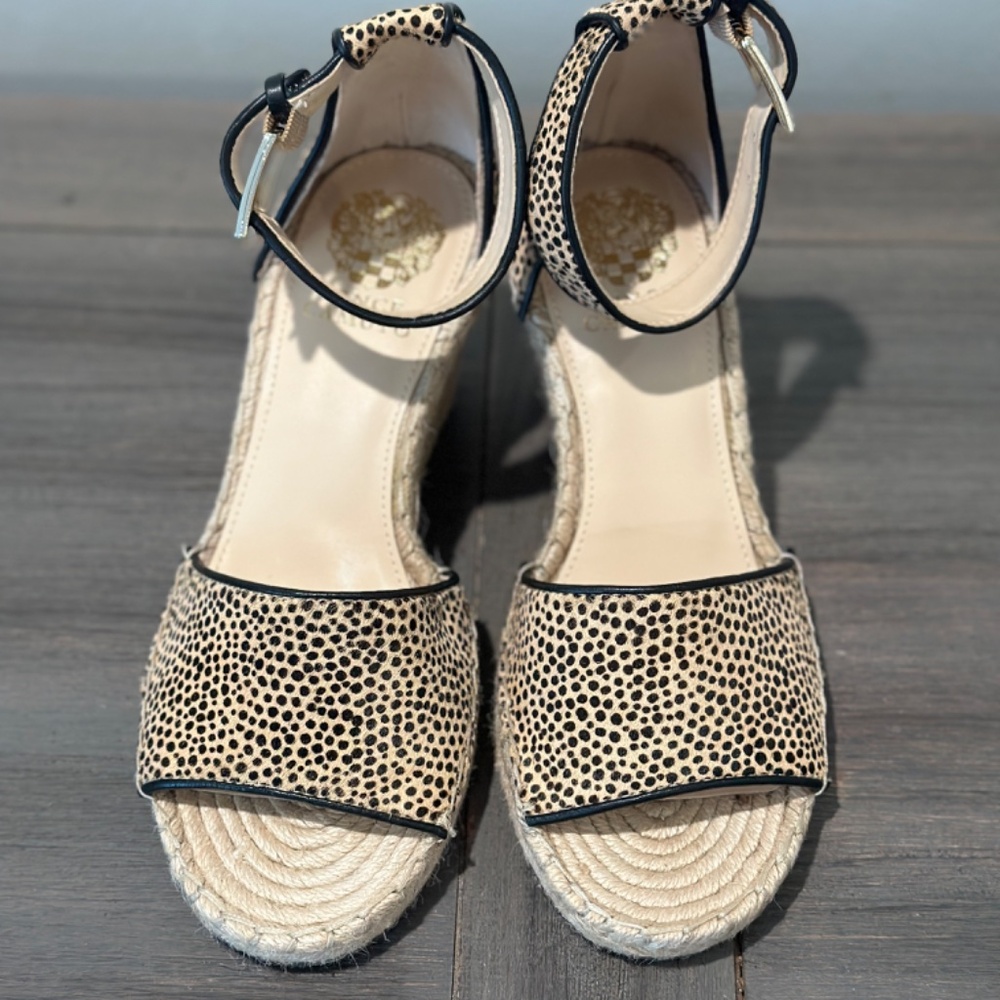 Vince Camuto Cheetah Print Pony Hair Wedge Sandals